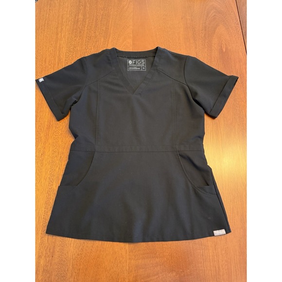 FIGS Scrub Top Womens XS Black Flores StyleTW2012 Peplum Back Vent Nurse Medical - Picture 3 of 8